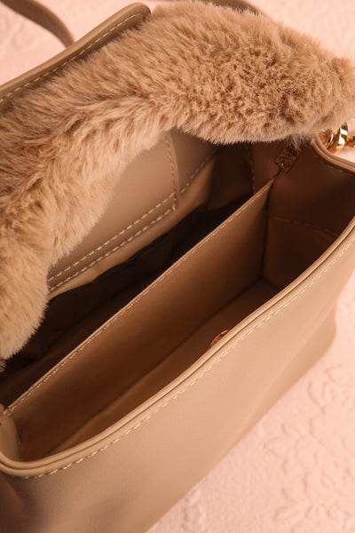 Deliah Taupe Small Handbag w/ Fluffy Handle | Boutique 1861  inside view