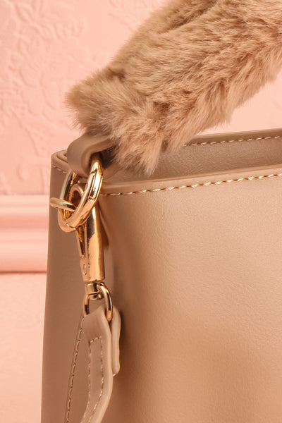 Deliah Taupe Small Handbag w/ Fluffy Handle | Boutique 1861  side close-up