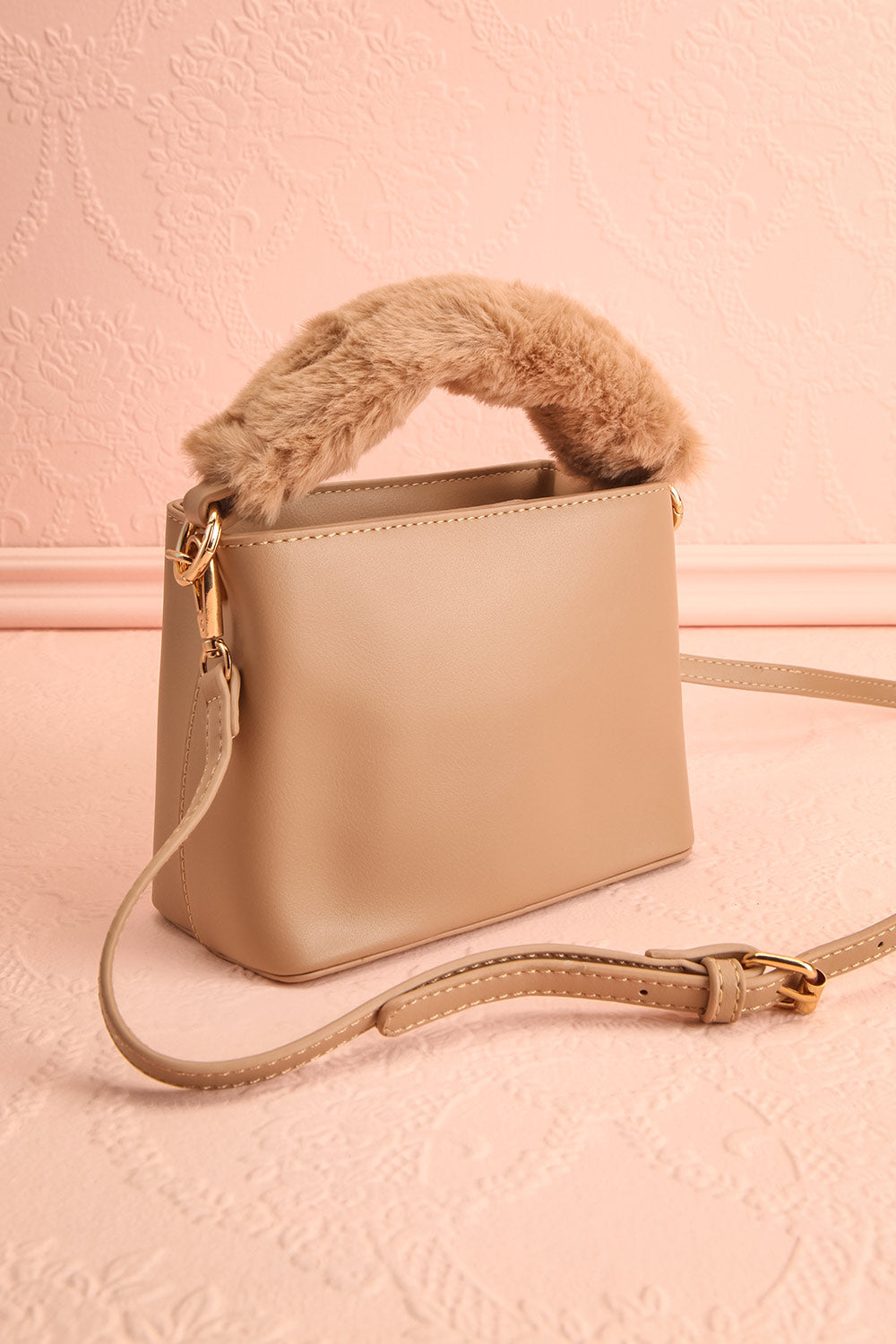 Deliah Taupe Small Handbag w/ Fluffy Handle | Boutique 1861  side view