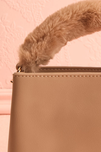 Deliah Taupe Small Handbag w/ Fluffy Handle | Boutique 1861  front close-up