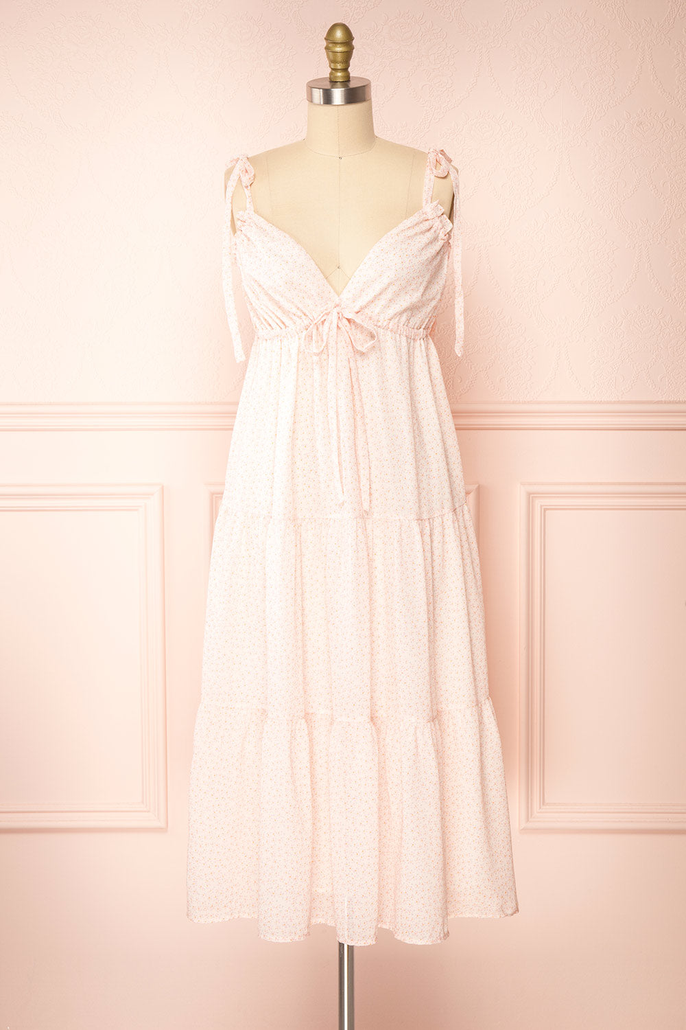 Demelza Pink Tiered Midi Dress w/ Tied Straps | Boutique 1861 front view