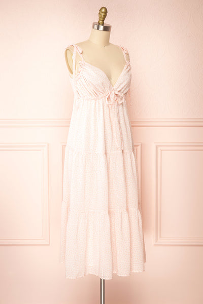 Demelza Pink Tiered Midi Dress w/ Tied Straps | Boutique 1861 side view