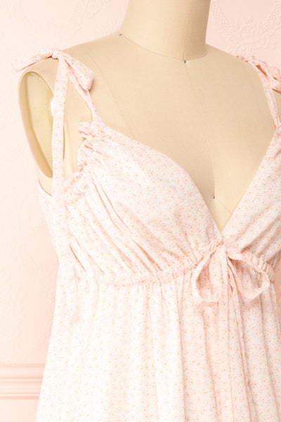 Demelza Pink Tiered Midi Dress w/ Tied Straps | Boutique 1861 side close-up