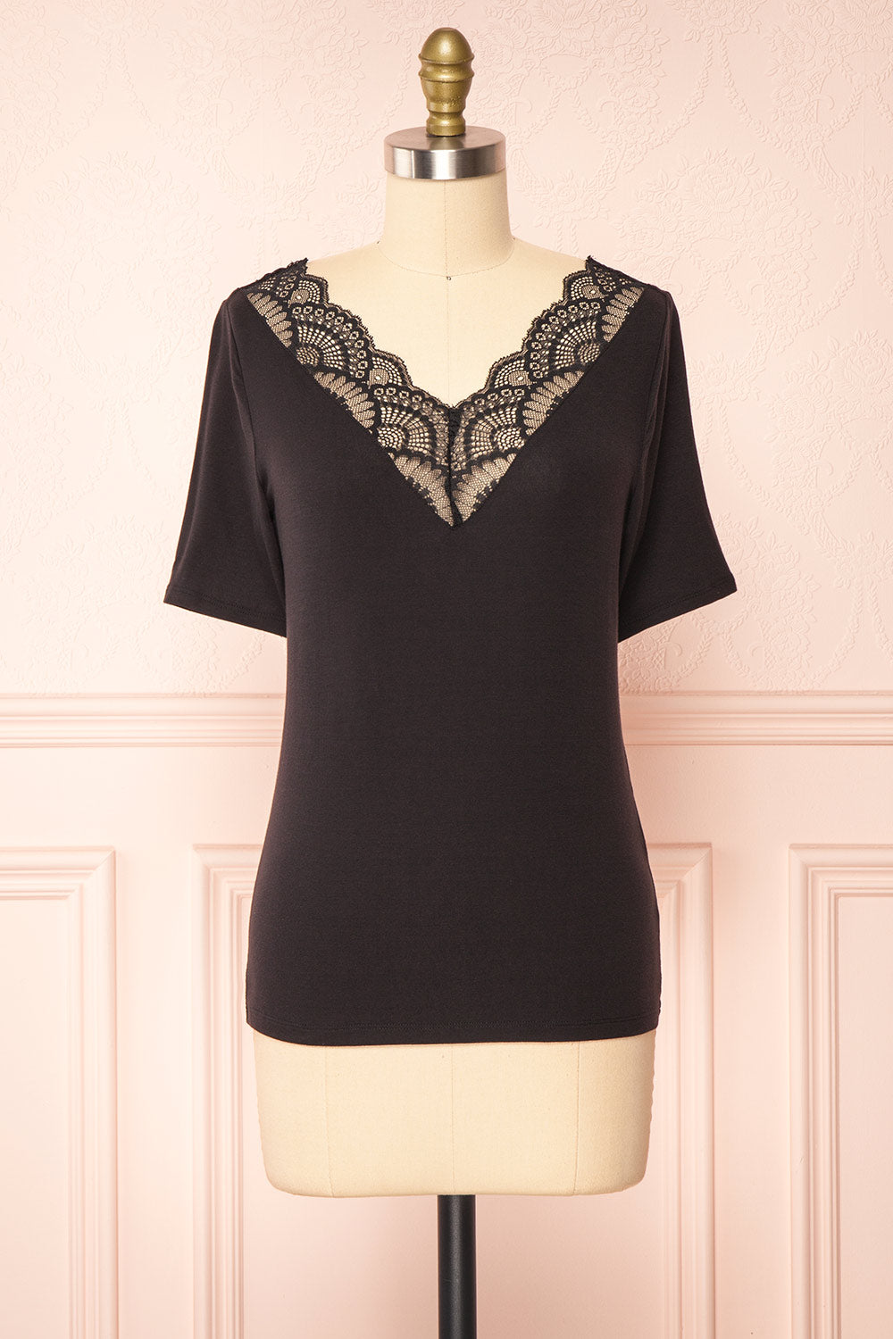 Demie Black Short Sleeve V-Neck Top w/ Lace Neckline | Boutique 1861 front view 