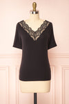 Demie Black Short Sleeve V-Neck Top w/ Lace Neckline | Boutique 1861 front view
