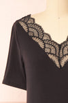 Demie Black Short Sleeve V-Neck Top w/ Lace Neckline | Boutique 1861 front close-up