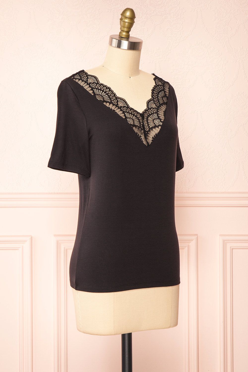 Demie Black Short Sleeve V-Neck Top w/ Lace Neckline | Boutique 1861 side view 