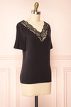 Demie Black Short Sleeve V-Neck Top w/ Lace Neckline | Boutique 1861 side view