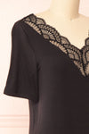 Demie Black Short Sleeve V-Neck Top w/ Lace Neckline | Boutique 1861 side close-up