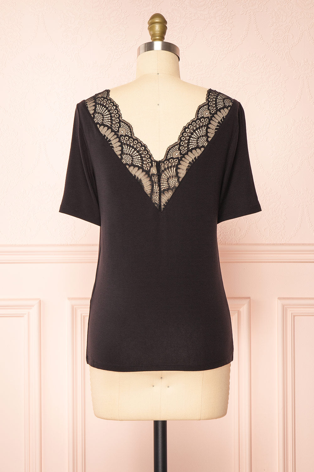 Demie Black Short Sleeve V-Neck Top w/ Lace Neckline | Boutique 1861 back view 