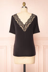 Demie Black Short Sleeve V-Neck Top w/ Lace Neckline | Boutique 1861 back view