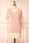 Demie Pink Short Sleeve V-Neck Top w/ Lace Neckline | Boutique 1861 front view