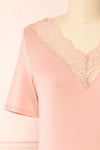Demie Pink Short Sleeve V-Neck Top w/ Lace Neckline | Boutique 1861 front close-up