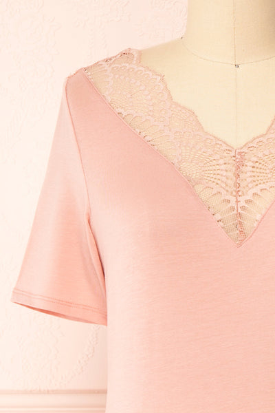 Demie Pink Short Sleeve V-Neck Top w/ Lace Neckline | Boutique 1861 front close-up