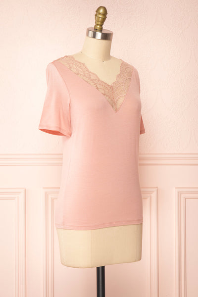 Demie Pink Short Sleeve V-Neck Top w/ Lace Neckline | Boutique 1861 side view