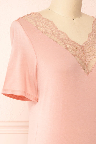 Demie Pink Short Sleeve V-Neck Top w/ Lace Neckline | Boutique 1861 side close-up