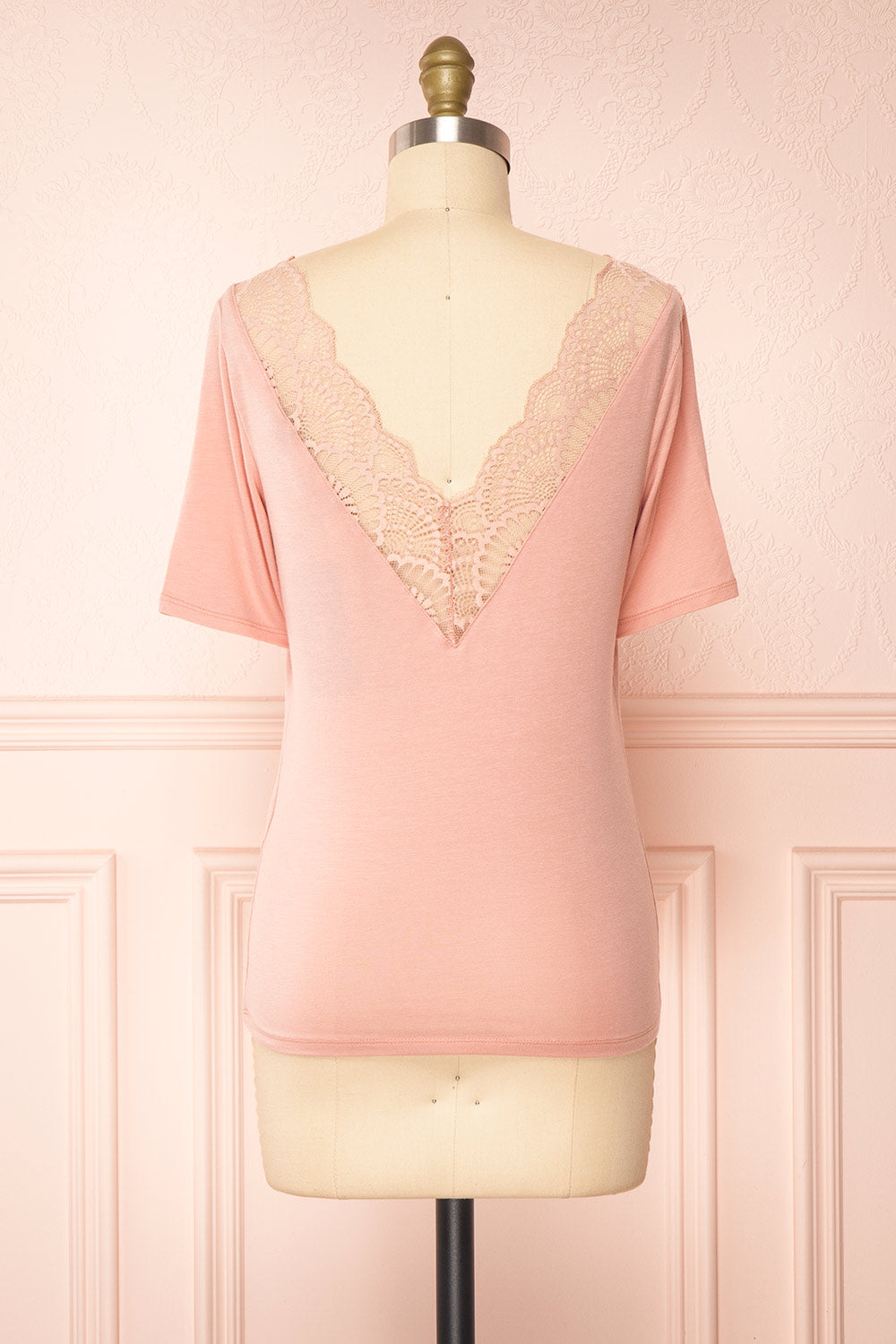 Demie Pink Short Sleeve V-Neck Top w/ Lace Neckline | Boutique 1861 back view 