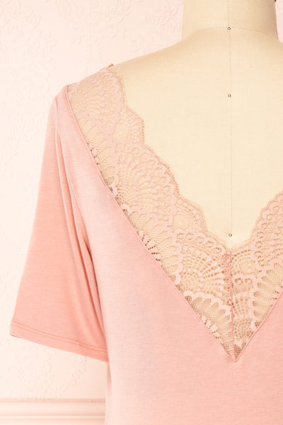 Demie Pink Short Sleeve V-Neck Top w/ Lace Neckline | Boutique 1861 back close-up