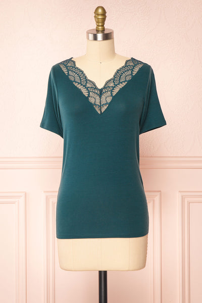 Demie Teal Short Sleeve V-Neck Top w/ Lace Neckline | Boutique 1861 front view