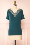 Demie Teal Short Sleeve V-Neck Top w/ Lace Neckline | Boutique 1861 plus