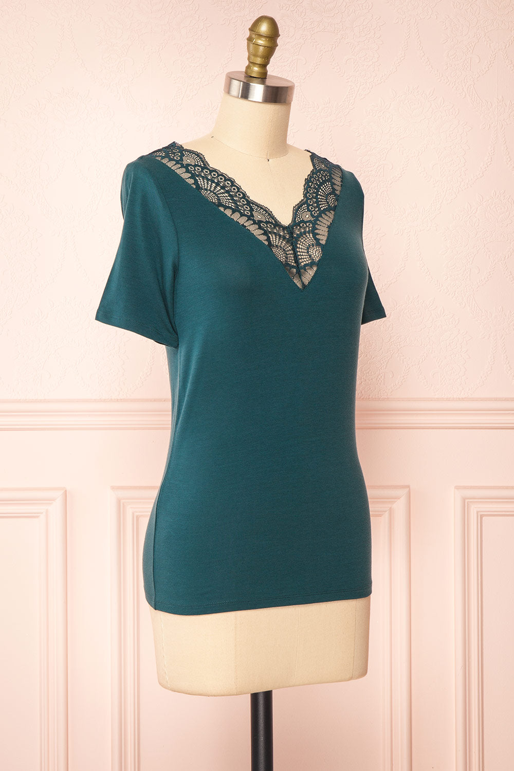 Demie Teal Short Sleeve V-Neck Top w/ Lace Neckline | Boutique 1861 side view 