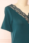 Demie Teal Short Sleeve V-Neck Top w/ Lace Neckline | Boutique 1861 side close-up
