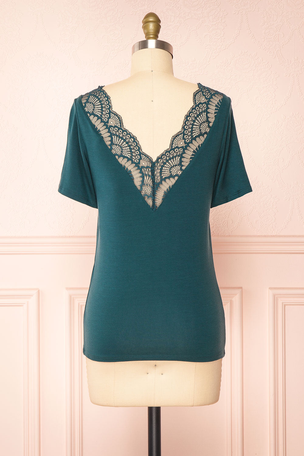 Demie Teal Short Sleeve V-Neck Top w/ Lace Neckline | Boutique 1861 back view 