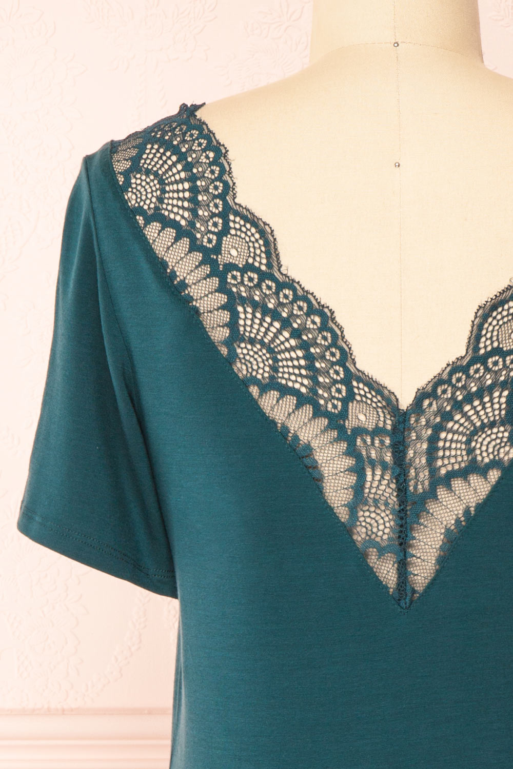 Demie Teal Short Sleeve V-Neck Top w/ Lace Neckline | Boutique 1861 back close-up