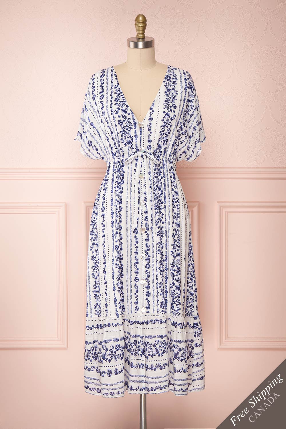 Denchen Loose White & Blue Floral Midi Summer Dress | Boutique 1861