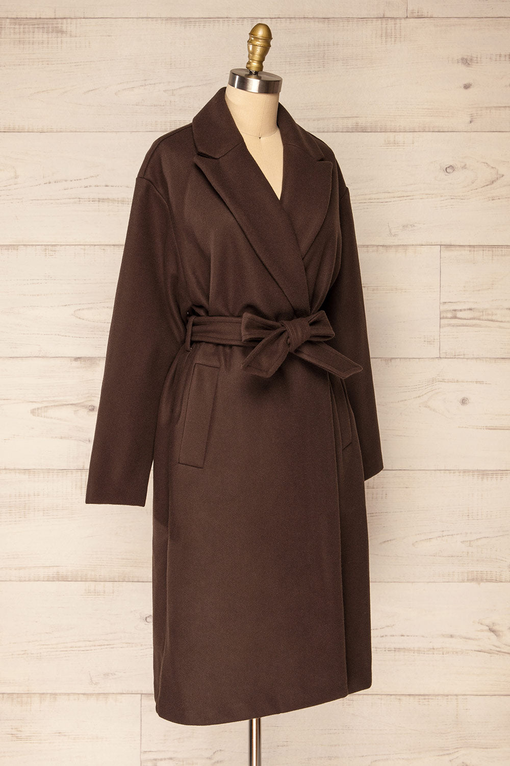 Dhome Brown Felt Trench Coat w/ Belt | La petite garçonne side view