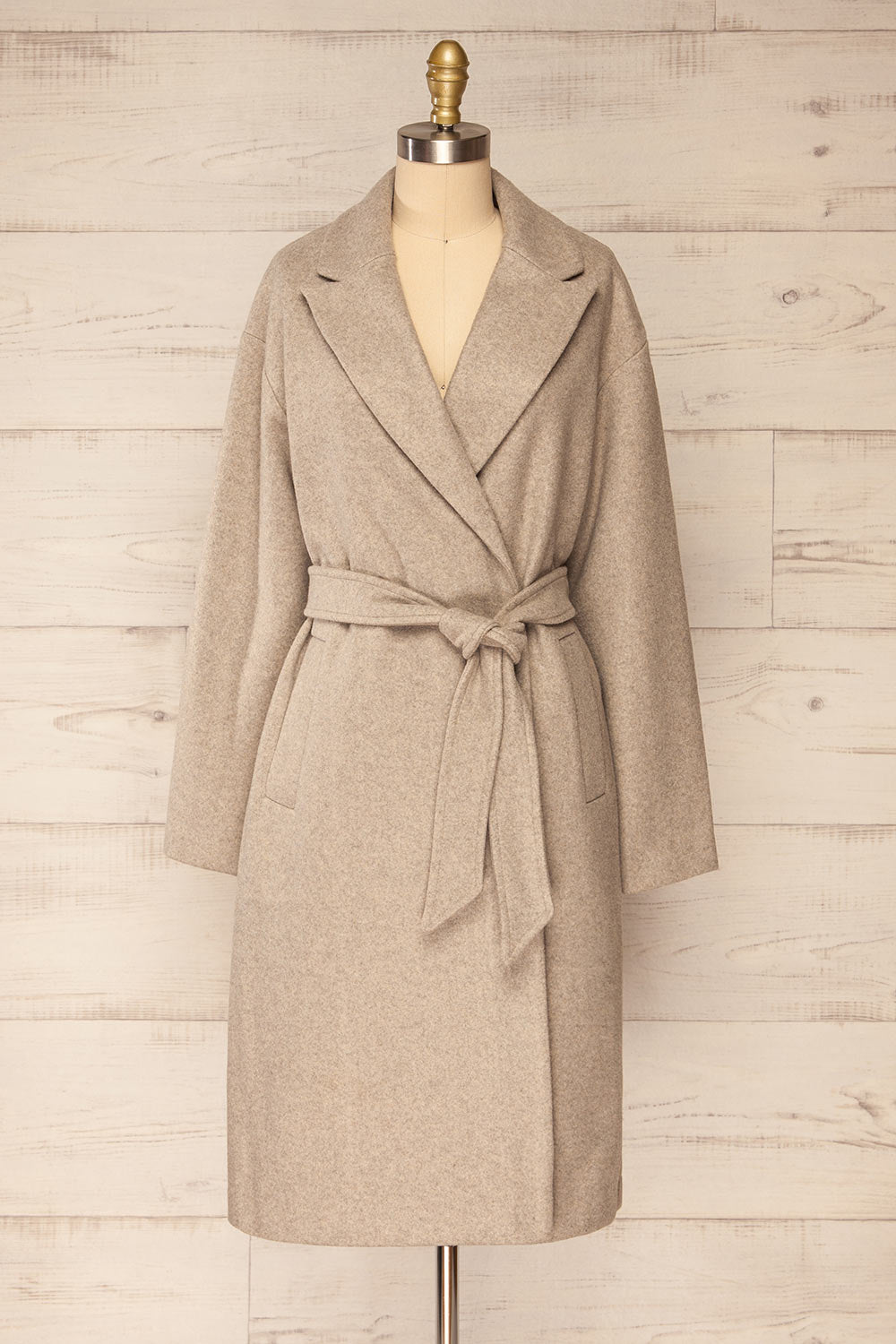 Dhome Taupe Felt Trench Coat w/ Belt | La petite garçonne front view