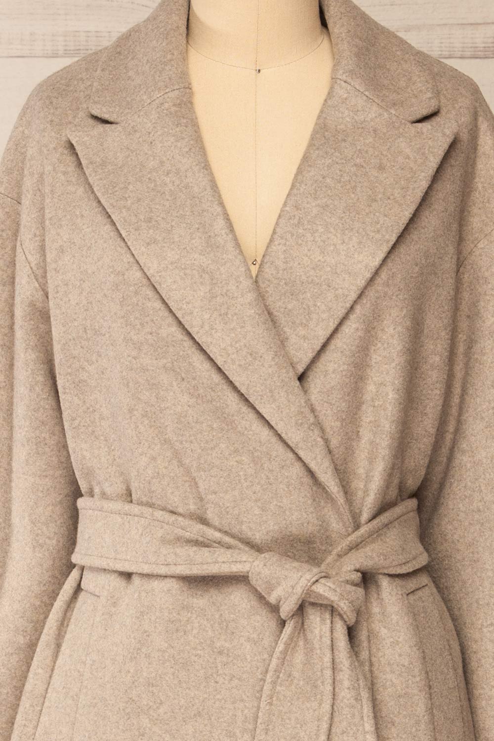 Dhome Taupe Felt Trench Coat w/ Belt | La petite garçonne front close-up