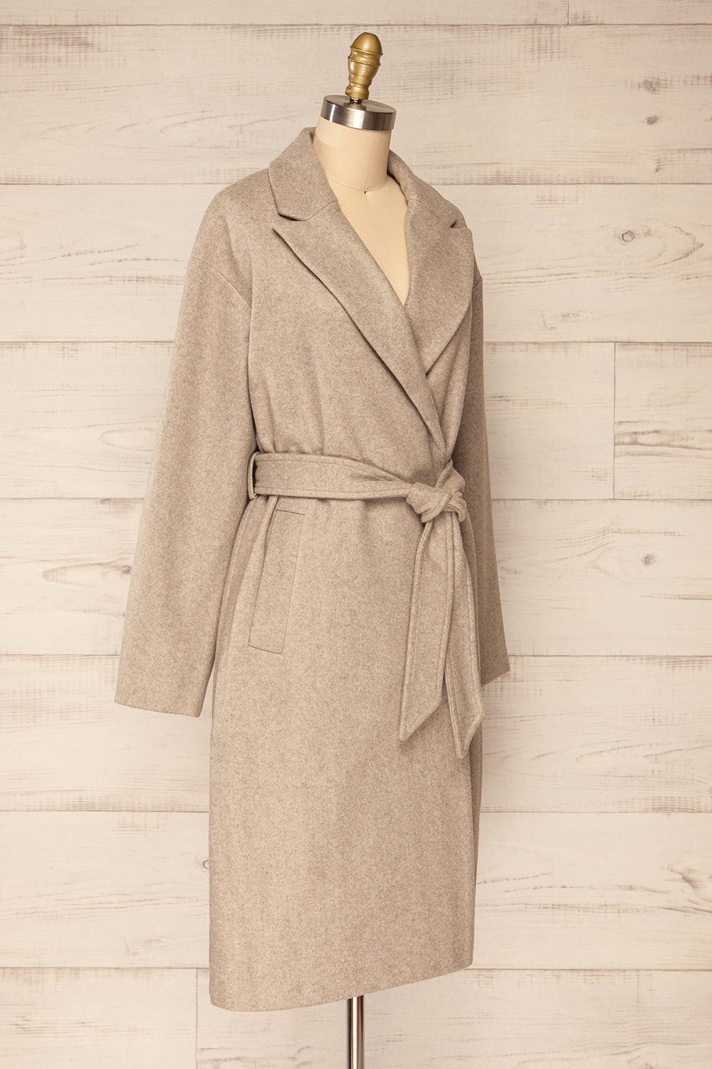 Dhome Taupe Felt Trench Coat w/ Belt | La petite garçonne side view