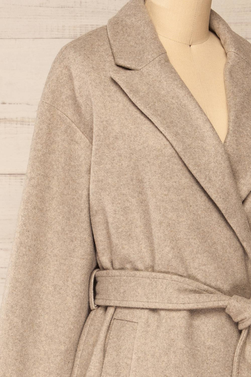 Dhome Taupe Felt Trench Coat w/ Belt | La petite garçonne side close-up