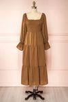 Diatou Caramel Tiered Midi Dress w/ Square Neckline | Boutique 1861 front view