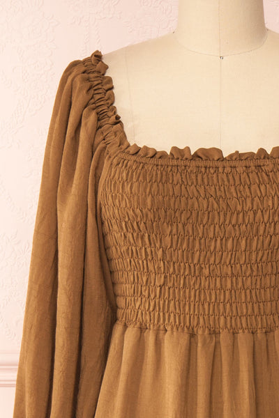 Diatou Caramel Tiered Midi Dress w/ Square Neckline | Boutique 1861 front view