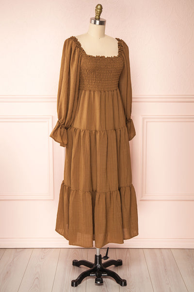 Diatou Caramel Tiered Midi Dress w/ Square Neckline | Boutique 1861 front close-up
