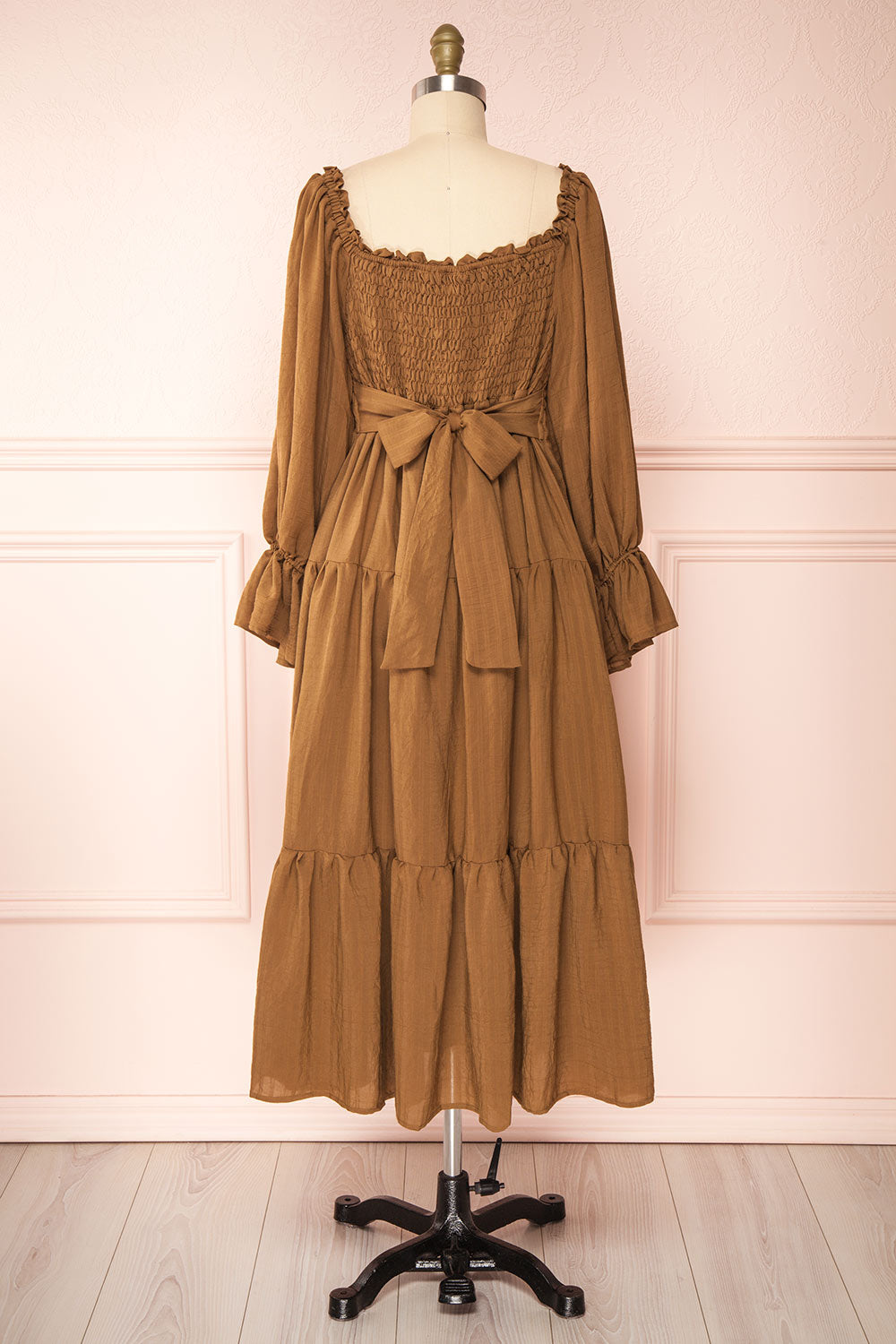 Diatou Caramel Tiered Midi Dress w/ Square Neckline | Boutique 1861 back view