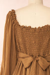Diatou Caramel Tiered Midi Dress w/ Square Neckline | Boutique 1861 back close-up