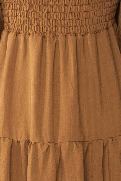 Diatou Caramel Tiered Midi Dress w/ Square Neckline | Boutique 1861 fabric