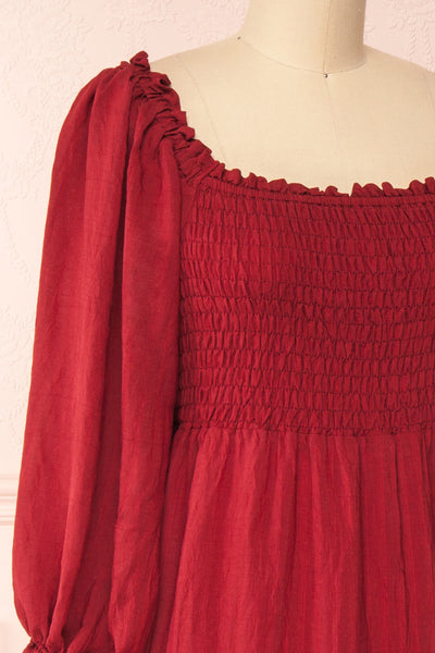 Diatou Wine Tiered Midi Dress w/ Square Neckline | Boutique 1861 side close-up