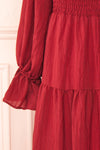 Diatou Wine Tiered Midi Dress w/ Square Neckline | Boutique 1861 sleeve