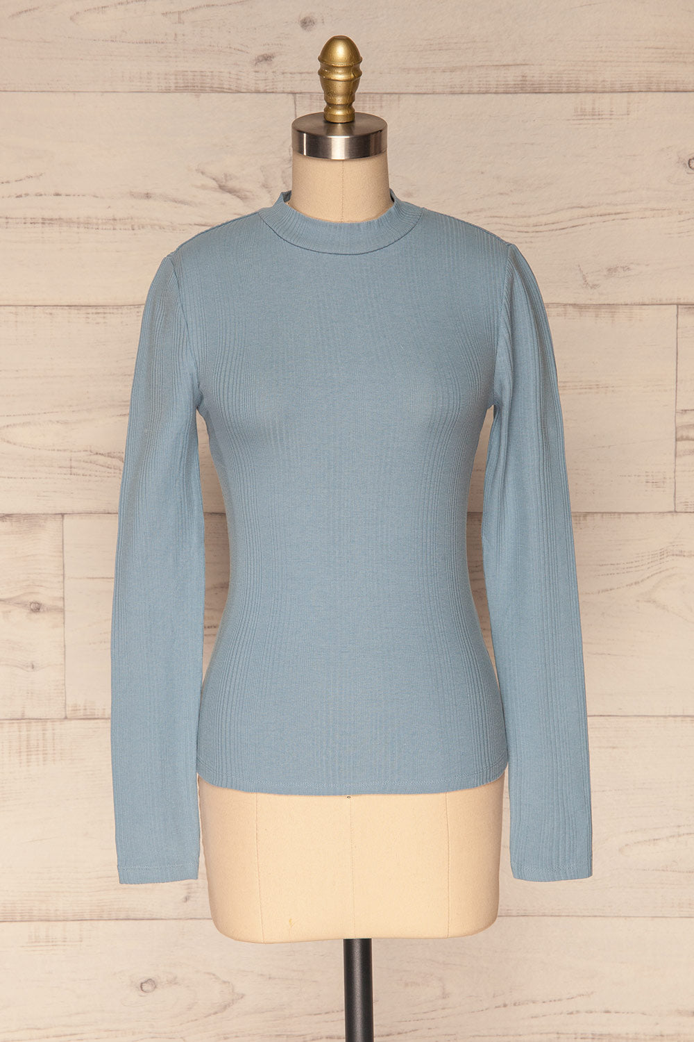 Didima Blue Ribbed Top with Stand Collar | La Petite Garçonne front view 