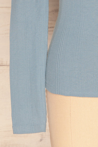 Didima Blue Ribbed Top with Stand Collar | La Petite Garçonne bottom close-up