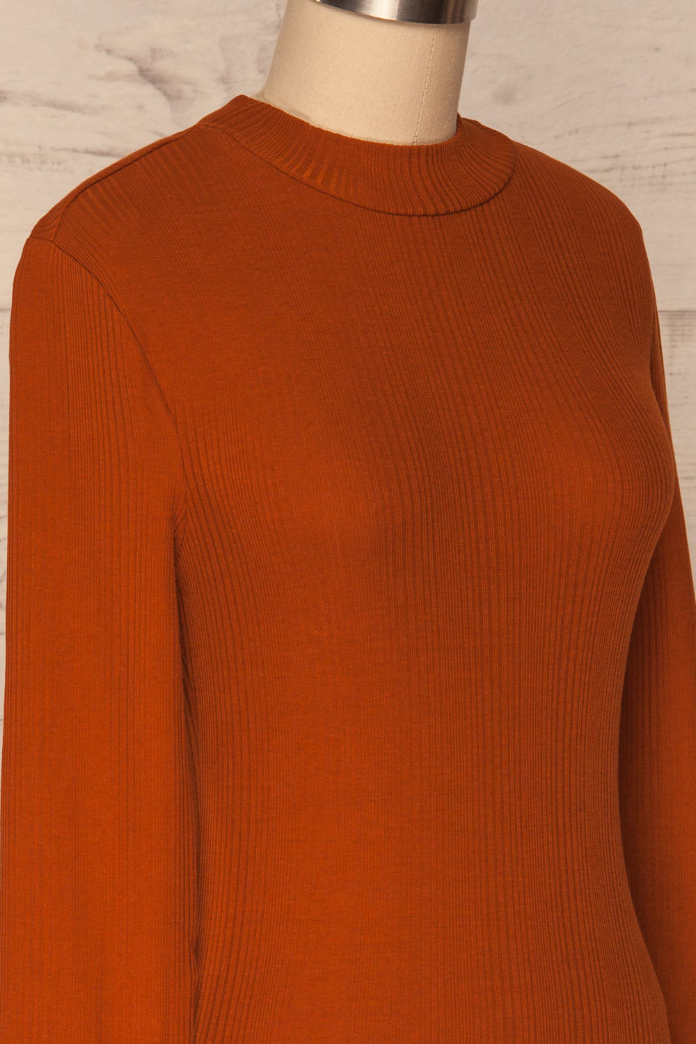 Didima Cinnamon Orange Ribbed Top with Stand Collar | La Petite Garçonne side close-up