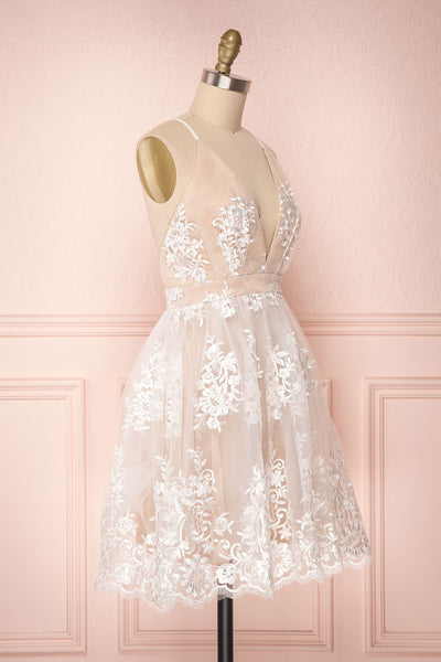 Dinora Ivory | Beige Short A-Line Floral Dress