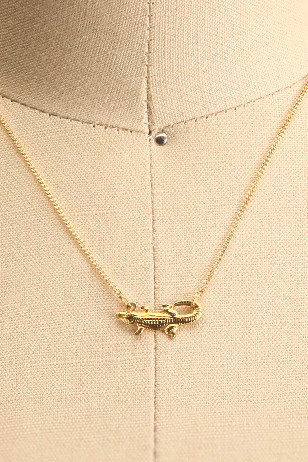 Docia Srey Golden Crocodile Pendant Necklace on mannequin close-up | La Petite Garçonne