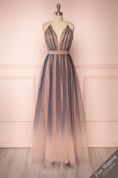 Docina Beach Navy Blue & Blush Tulle Maxi Prom Dress | FRONT VIEW | Boutique 1861