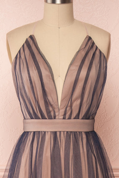 Docina Beach Navy Blue & Blush Tulle Maxi Prom Dress | FRONT CLOSE UP | Boutique 1861