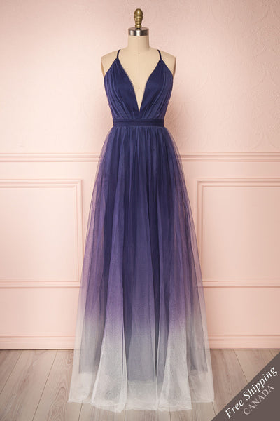 Docina Ocean Navy Blue & White Tulle Maxi Prom Dress | FRONT VIEW | Boutique 1861